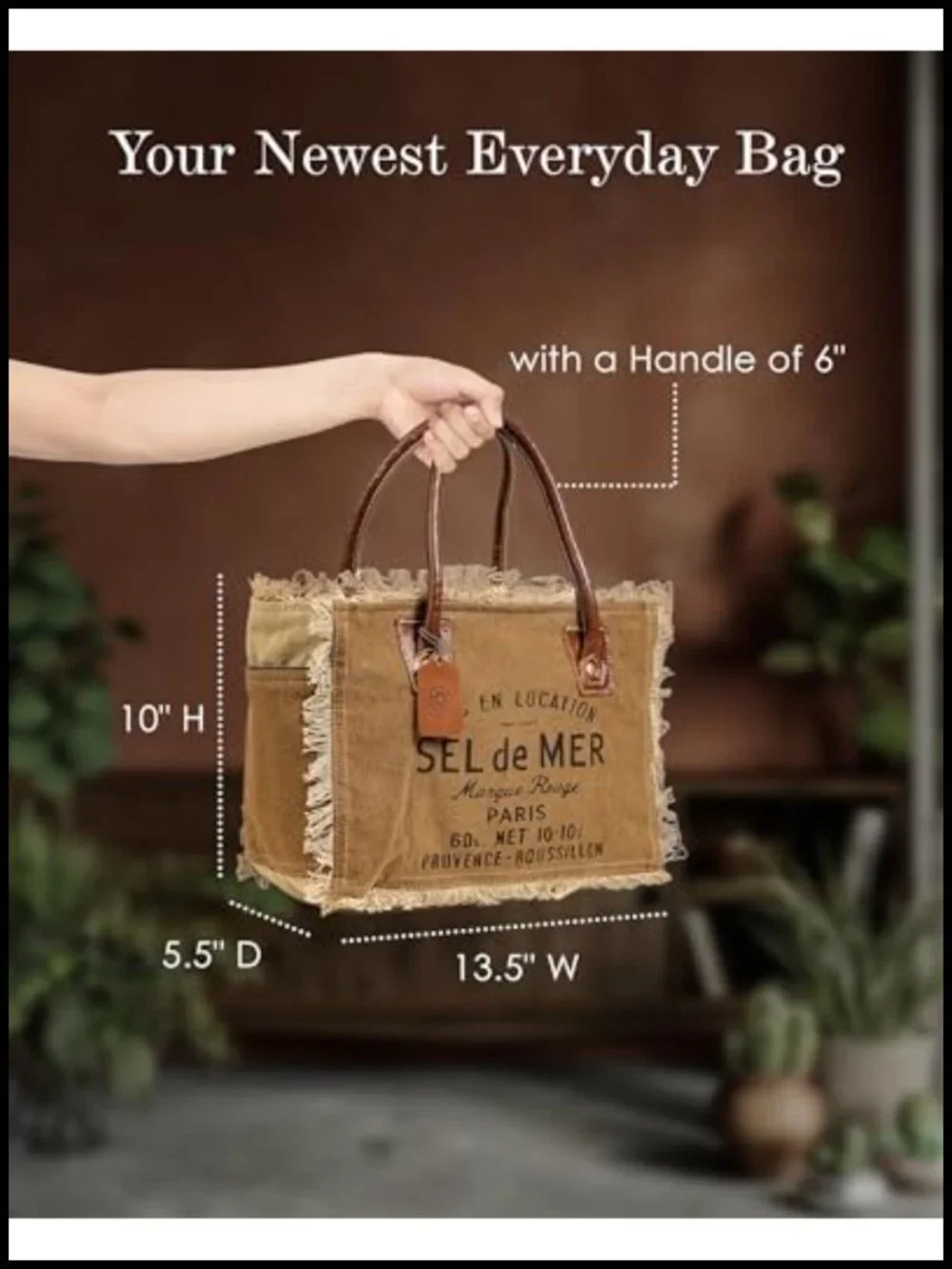 Canvas Tote Bag with Leather Strap, French Inspired Fabric Handbag